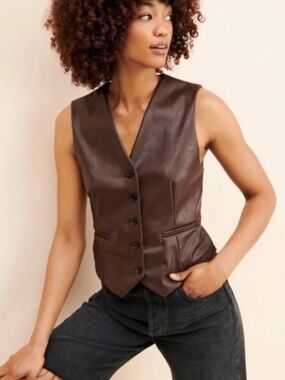 Hutch Brown Faux-Leather Button Vest Size M